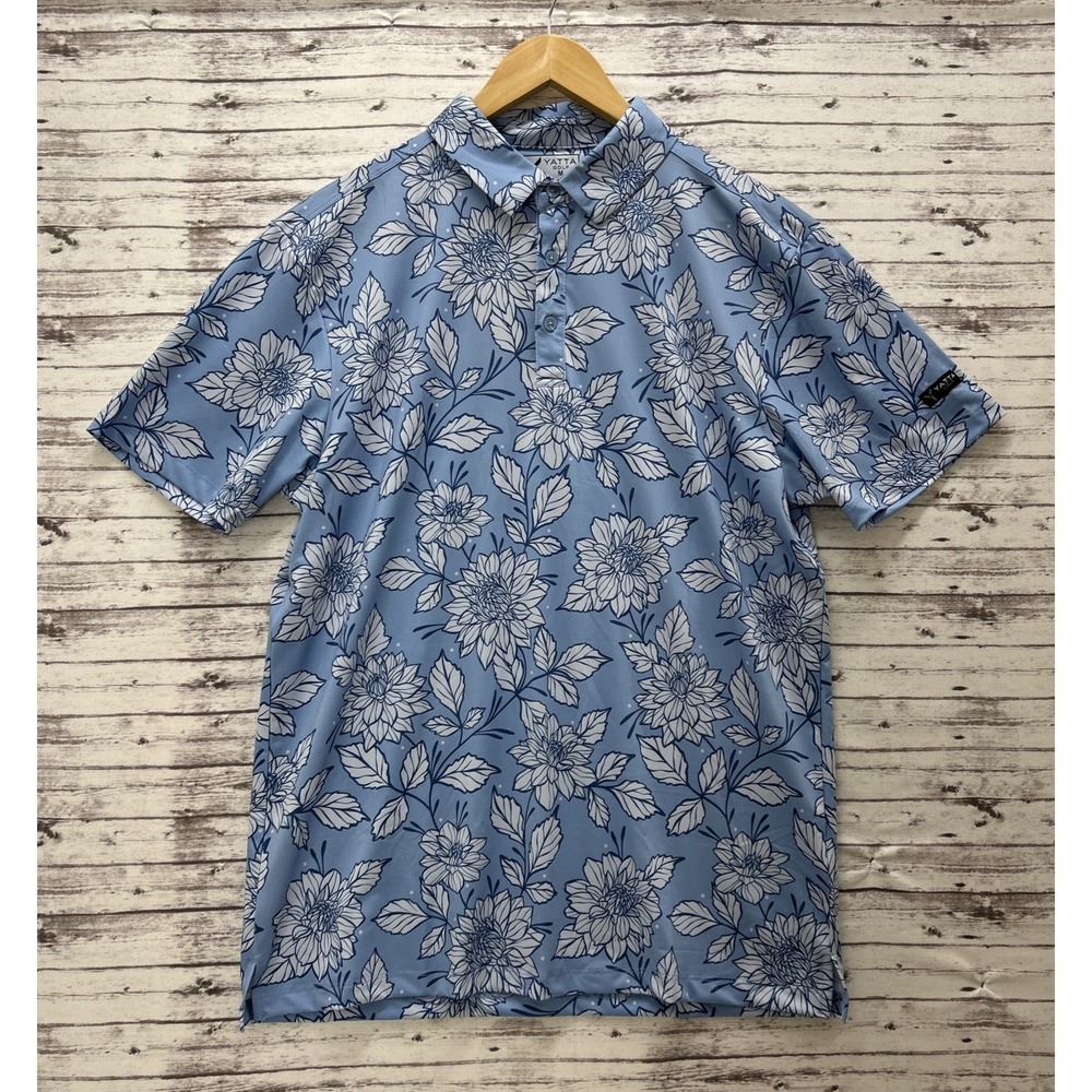 YATTA Golf Polo Shirt Floral Men's M Dahlia Drive Blue Stretch Wicking UPF 40